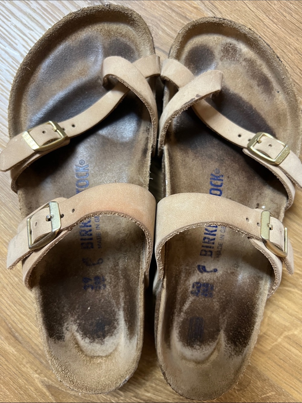 Birkenstock Womens Nude/Tan Two-Strap Sandals with Gold Buckles